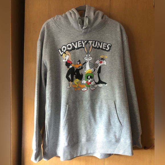 NEW Looney Toons characters light grey mens unisex hoodie hoody sweatshirt L - Picture 2 of 4